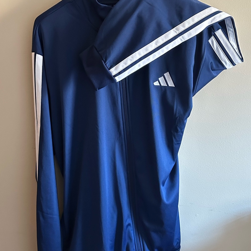 Adidas Blue Windbreaker with Long Sleeves and White Stripes NWOT